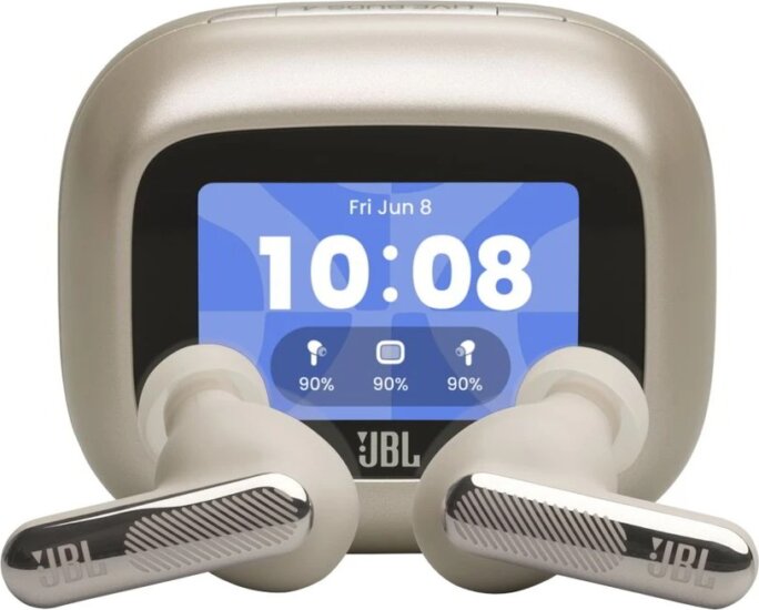 JBL Live Beam 4 Bluetooth Fülhallgató Headset Töltőtokban Kijelzővel - Homok/Pezsgő