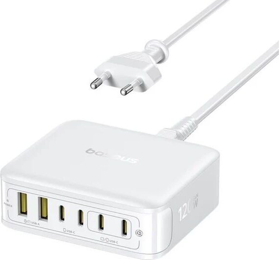 Baseus EnerFill FH21 2x USB-A / 4x USB-C Hálozati Töltőállomás 120W + Tápkábel 1,5m - Fehér
