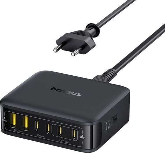 Baseus EnerFill FH21 2x USB-A / 4x USB-C Hálozati Töltőállomás 120W + Tápkábel 1,5m - Fekete