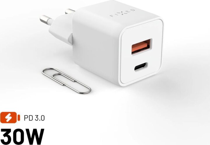 Fixed FIXCG30M-CA-WH Mini GaN USB-A / USB-C Hálózati Gyorstöltő Adapter 30W - Fehér