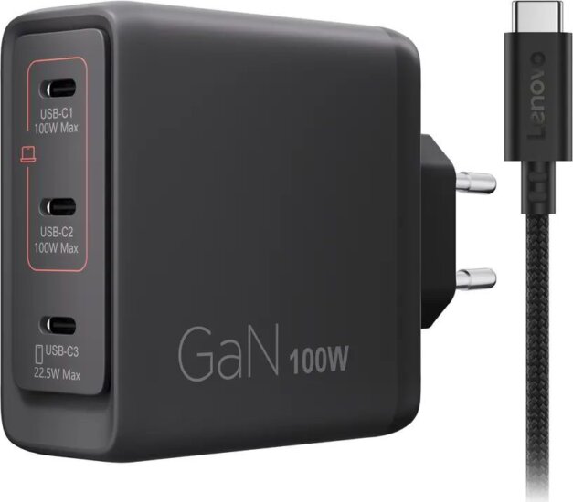 Dell 40AW100BEU 3x USB-C GaN Hálozati Gyorstöltő Adapter 100W + USB-C Kábel 1.8m - Fekete