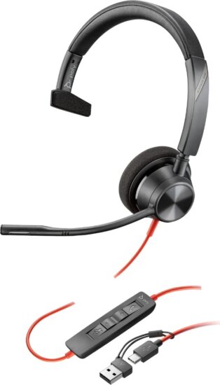 HP Poly Blackwire 3310 Vezetékes Mono Headset + USB Type-A Adapter - Fekete
