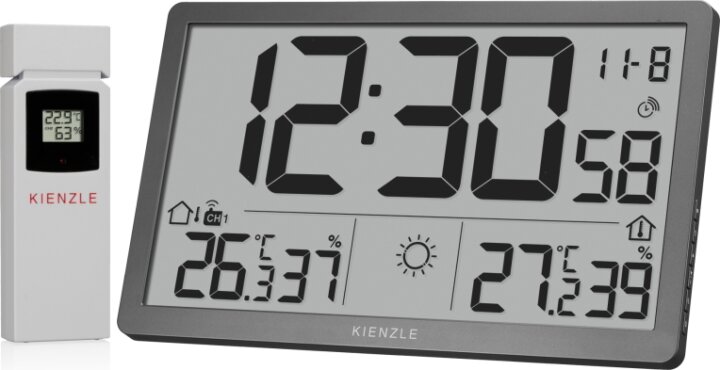 Kienzle Jumbo NEO LCD Rádióvezérelt fali óra időjárás-állomással 1 külső szenzorral - Szürke