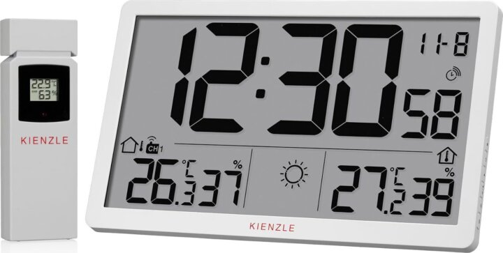 Kienzle Jumbo NEO LCD Rádióvezérelt fali óra időjárás-állomással 1 külső szenzorral - Fehér