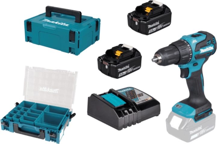 Makita DHP490TJX9 Akkus ütvefúró-csavarozó + 2x 18V Akku + Koffer + Rendszerező