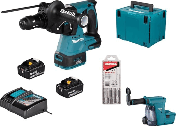 Makita DHR243JWX2 Akkus Fúró-Vésőkalapács + 2x 18V Akku + Koffer + Porelszívó egység