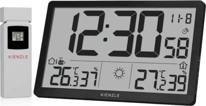 Kienzle Jumbo NEO LCD Rádióvezérelt fali óra időjárás-állomással 1 külső szenzorral - Fekete