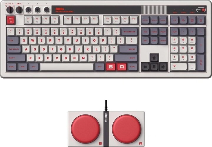 8BitDo Retro 108 N Edition Mechanikus Tri-Mode Wireless Gaming Billentyűzet US - Szürke/Fehér/Piros