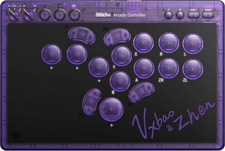8BitDo Arcade Stick All-Button Signature Edition Tri-Mode Wireless Gaming Kontroller (PC / Switch) - Átlátszó/Lila