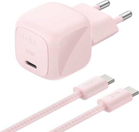 Belkin WCA008kq2MPK-B6 GaN USB-C Hálózati Gyorstöltő Adapter 30W + USB-C Kábel 2m - Rózsaszín