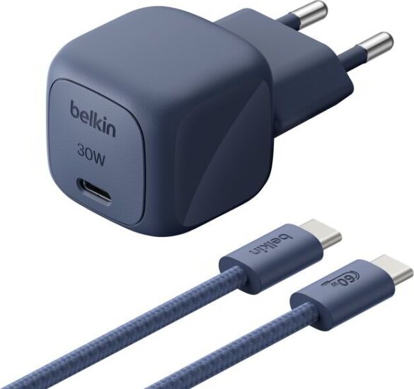 Belkin WCA008kq2MGR-B6 GaN USB-C Hálózati Gyorstöltő Adapter 30W + USB-C Kábel 2m - Kék