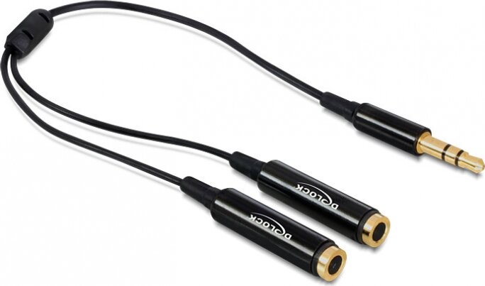 Delock kábel, audio sztereo jack apa, 3.5 mm > 2 x sztereo jack anya, 25 cm, fekete Delock kábel, audio sztereo jack apa, 3.5 mm > 2 x sztereo jack anya, 25 cm, fekete