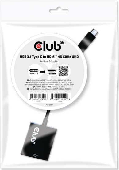 Club3D USB 3.1 Type C - HDMI 2.0 UHD adapter - Fekete Club3D USB 3.1 Type C - HDMI 2.0 UHD adapter - Fekete