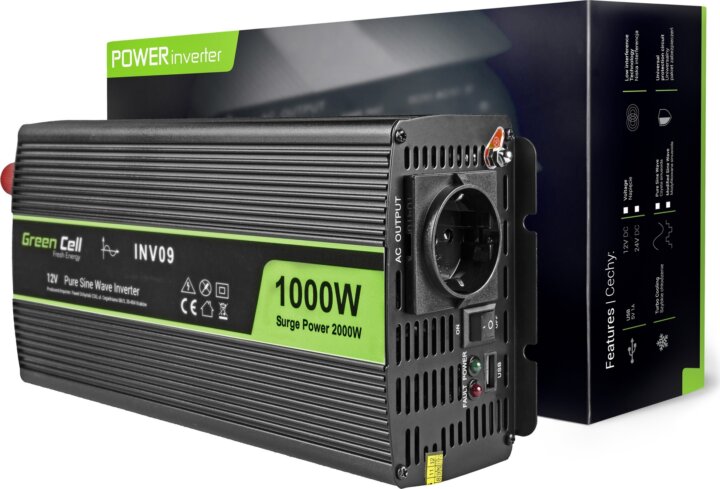Green Cell INV09 Autós inverter tiszta szinuszhullámformával 12V -> 230V / 1000W Green Cell INV09 Autós inverter tiszta szinuszhullámformával 12V -> 230V / 1000W