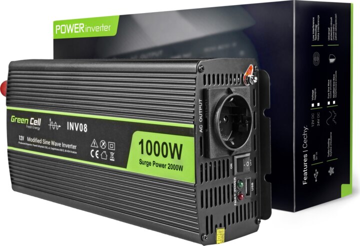 Green Cell INV08 Inverter módosított szinuszhullámformával ( 12V / 220V / 1000W )