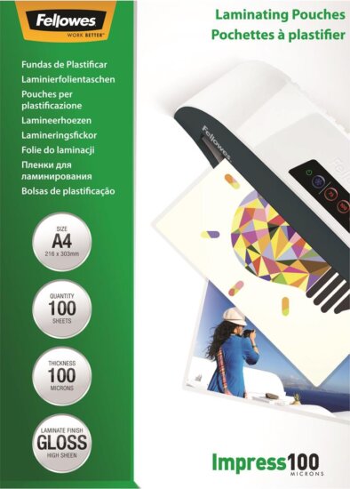 Fellowes 100 mikron A4 fényes lamináló fólia (100 db / csomag)