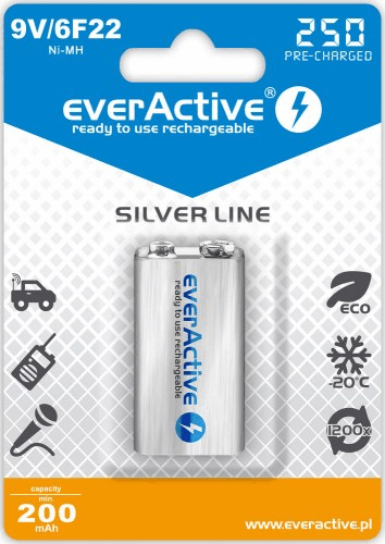 everActive Silver Line 6F22 9V 250 mAh Ni-MH Elem (1 db / csomag) everActive Silver Line 6F22 9V 250 mAh Ni-MH Elem (1 db / csomag)