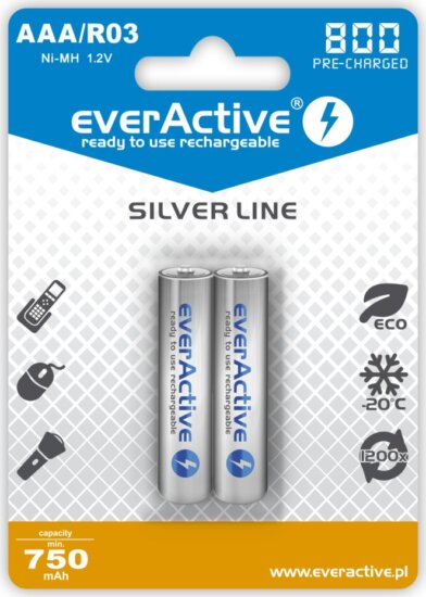 EverActive Silver Line R03 AAA 800 mAh Ni-MH Újratölthető elem (2 db / csomag)