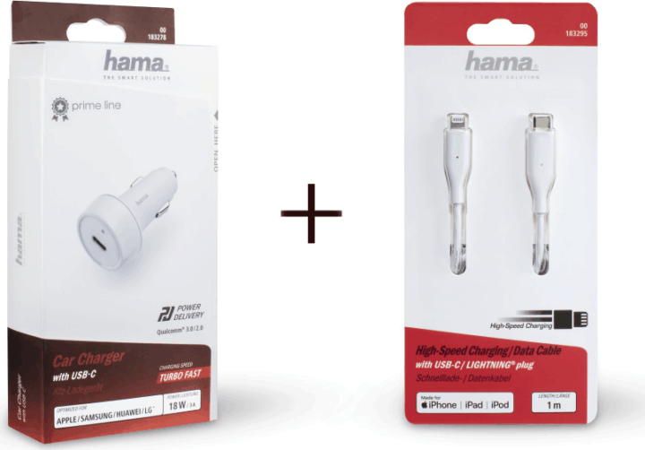 Hama Autós gyorstöltő szett (PD)18W Fehér + Lightning - USB-C Adat- és töltőkábel