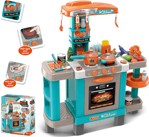Játékkonyha fénnyel és hanggal - 39 darab kiegészítővel, kék-narancssárga