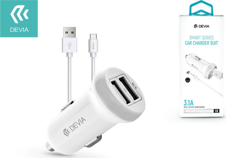Devia Smart Series Autós 2xUSB töltő (5V / 3.1A) + USB - USB-C Adatkábel 1m - Fehér