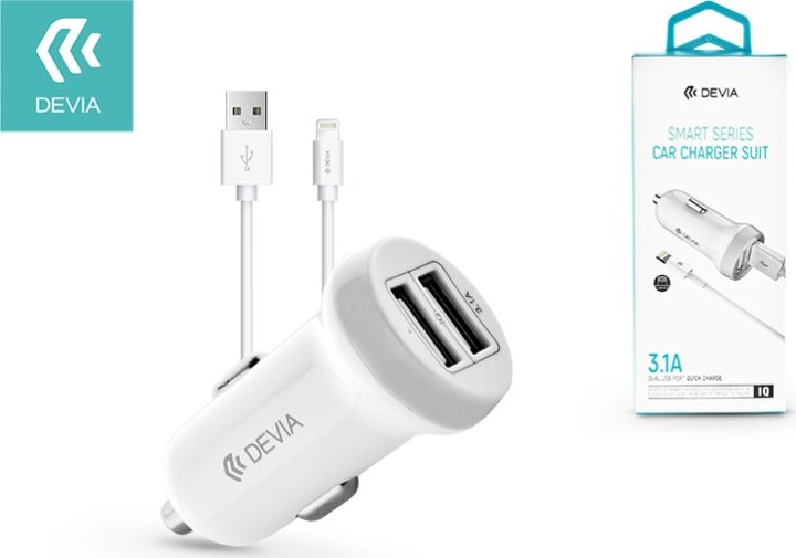 Devia Smart Series Autós 2xUSB töltő (5V / 3.1A) + USB - Lightning Adatkábel 1m - Fehér