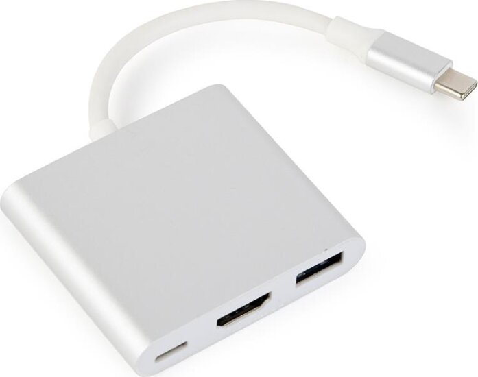 Gembird USB-C apa - USB-C anya + USB 3.0-A anya + HDMI anya adapter Ezüst