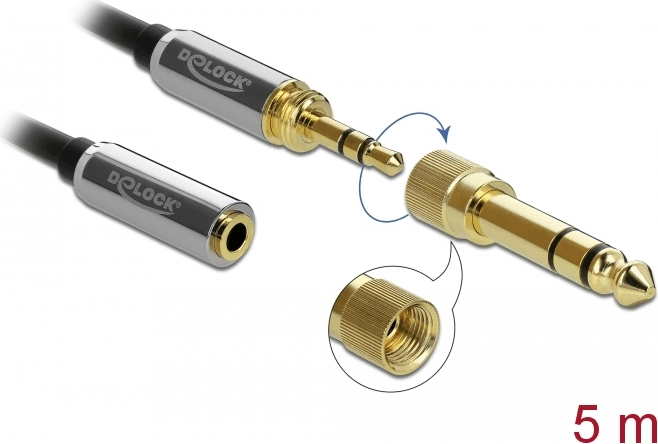 DeLOCK JACK - JACK kábel 5m (3.5mm jack apa - 3.5mm jack anya) csavaros adapterrel