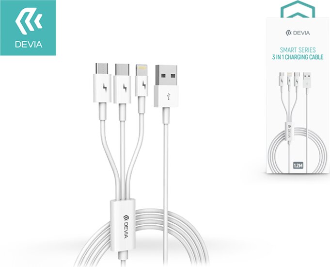 Devia Smart Series 3in1 USB apa - Lightning/MicroUSB/USB-C apa iPhone töltőkábel 1.2m - Fehér