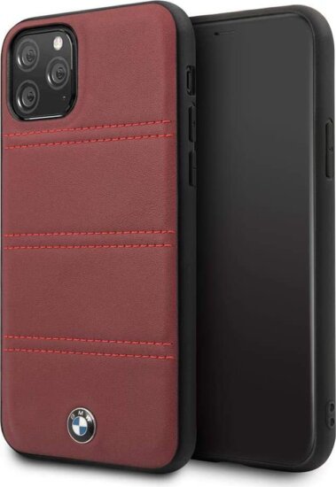 BMW iPhone 11 Pro vízszintesen csíkozott bőrtok - Burgundi vörös