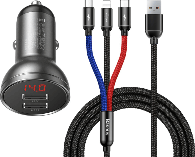 Baseus Autós 2xUSB töltő kijelzővel 24W + USB 3in1 kábel 1.2m
