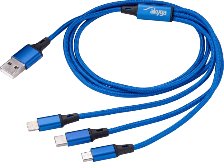 Akyga USB-A apa - MicroUSB-B apa + USB-C apa + Lightning apa iPhone töltőkábel 1.2m - Kék