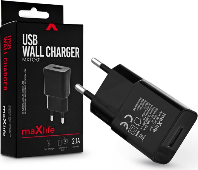 Maxlife Hálózati USB töltő (5V / 2.1A) Fekete