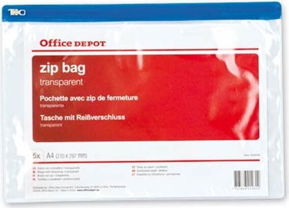 Office Depot A4 áttetsző cipzáras tasak (5db/csomag) Office Depot A4 áttetsző cipzáras tasak (5db/csomag)