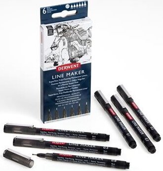 Derwent "Line Marker" Tűfilc készlet - Fekete (6 db / csomag)