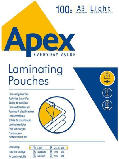 Fellowes Apex Light 75-80 mikron A3 meleglamináló fólia (100 db / csomag) Fellowes Apex Light 75-80 mikron A3 meleglamináló fólia (100 db / csomag)
