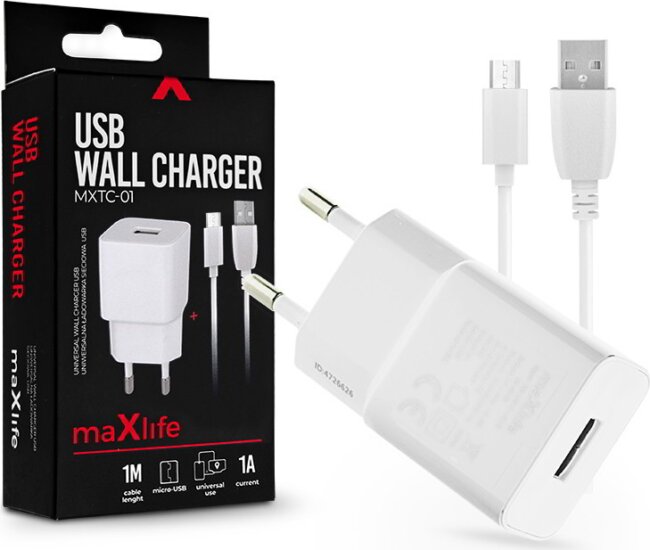 Maxlife MXTC-01 Hálózati töltő (5V / 1A) + microUSB kábel Maxlife MXTC-01 Hálózati töltő (5V / 1A) + microUSB kábel
