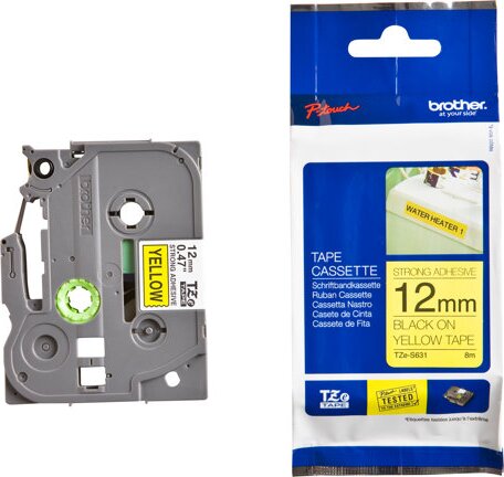 Brother TZES631 P-Touch Feliratozógép szalag 12 mm sárga alapon fekete, erős tapadású