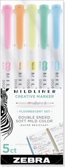 Zebra Mildliner Fluorescent 1,0/3,5 mm Szövegkiemelő készlet, 1,0/3,5 mm- Vegyes színek (5 db/ csomag))