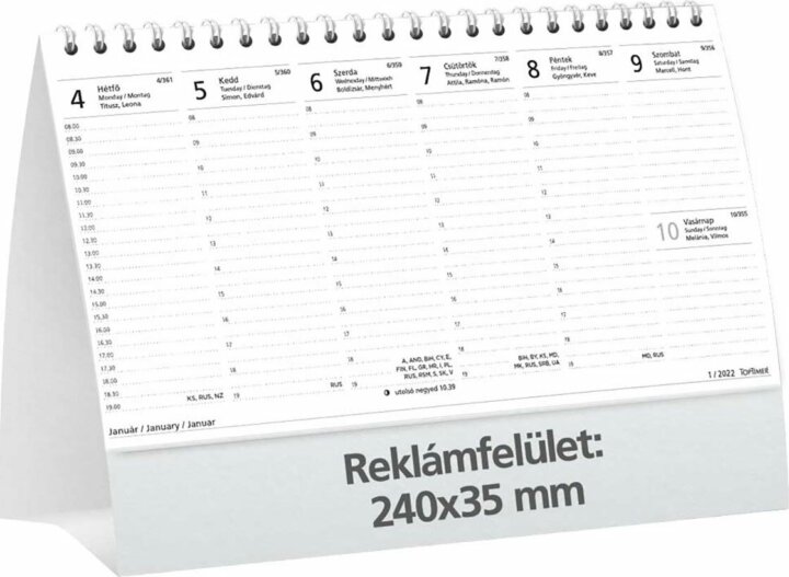 Toptimer 240 x128mm 2022 Asztali naptár - Fehér