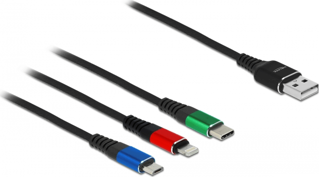 Delock 87277 USB-A apa 2.0 - Lightning + Micro USB-B + USB-C apa Adat és töltőkábel - Fekete (1m)
