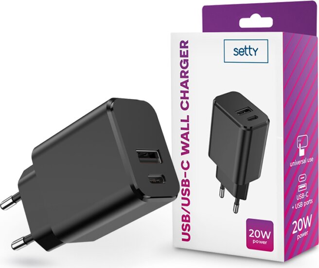 Setty Hálózati Type-C + USB töltő - Fekete (20W)