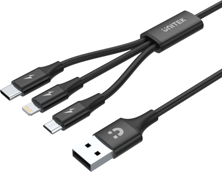 Unitek C14049BK USB-A apa 2.0 - Micro USB-B/USB-C/Lightning apa iPhone Töltőkábel - Fekete (1.2m)