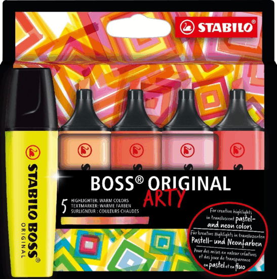 Stabilo Boss Origial Arty 2-5mm Szövegkielemő készlet - Meleg színek (5 db / csomag) Stabilo Boss Origial Arty 2-5mm Szövegkielemő készlet - Meleg színek (5 db / csomag)