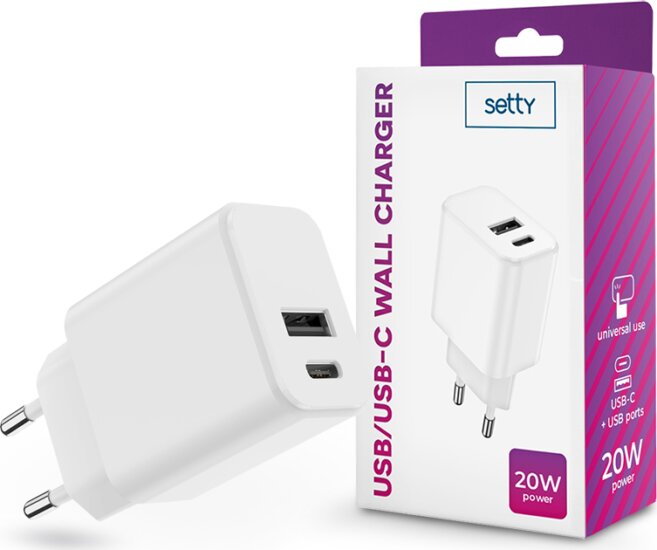 Setty TF-0121 Hálózati USB-C / USB-A töltő - Fehér (20W)
