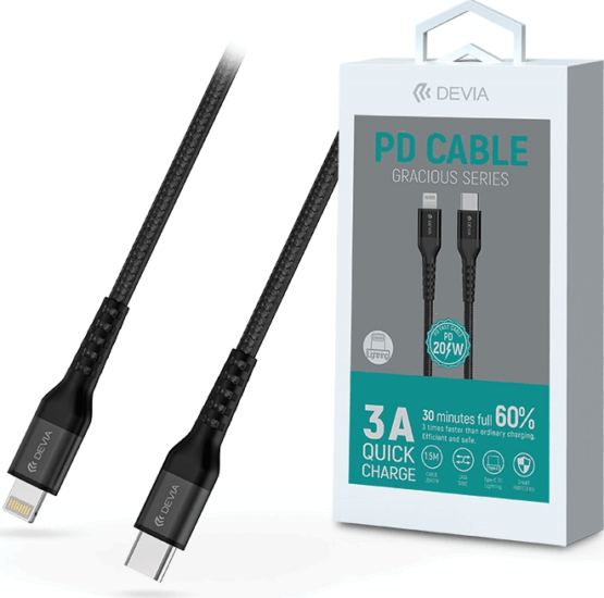 Devia Gracious Series USB-C apa 2.0 - Lightning apa Adat és töltőkábel - Fekete (1.5m)