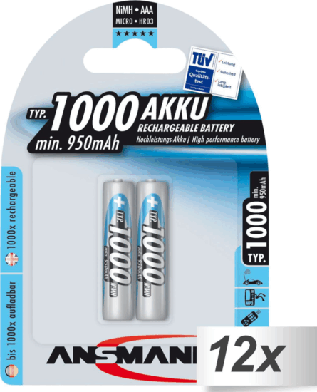 Ansmann NiMH Micro AAA 1000 mAh Újratölthető elem (12x2/csomag) Ansmann NiMH Micro AAA 1000 mAh Újratölthető elem (12x2/csomag)