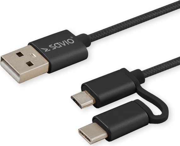 Savio CL-128 USB-A apa - Micro USB/USB-C apa 2.0 Adat és töltőkábel - Fekete (1m)