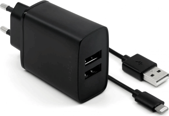 Fixed Hálózati 2xUSB-A töltő + Lightning kábel - Fekete (15W)
