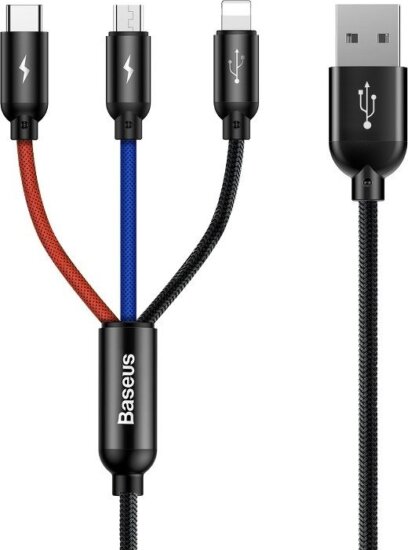 Baseus Rapid Series 3in1 USB-A apa 2.0 - Micro USB/USB-C/Lightning apa iPhone töltőkábel - Fekete (1.2m)